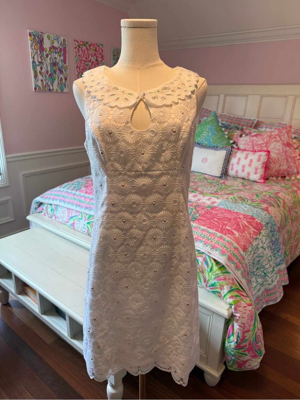Lilly Pulitzer White Eyelet Mini Dress with Pearl Details